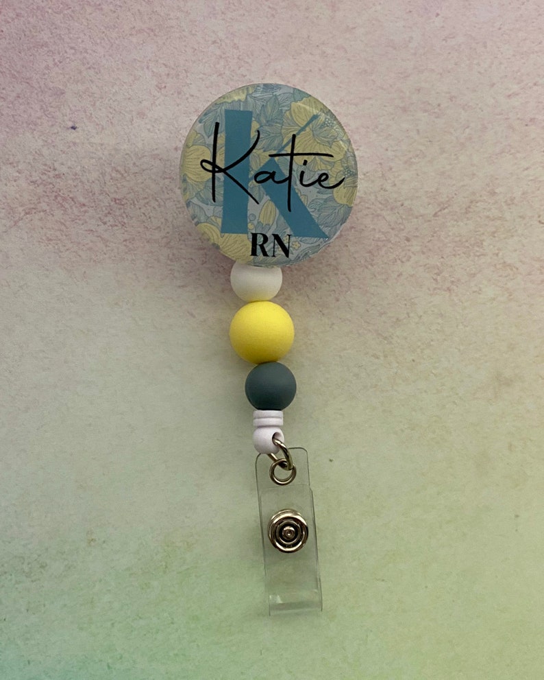 Personalized Floral Monogram Beaded ID Name Badge Reel
