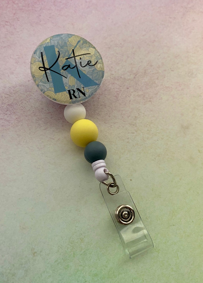 Personalized Floral Monogram Beaded ID Name Badge Reel