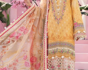 Traje pakistaní bordado, dupatta de gasa estampada y camisa de lino