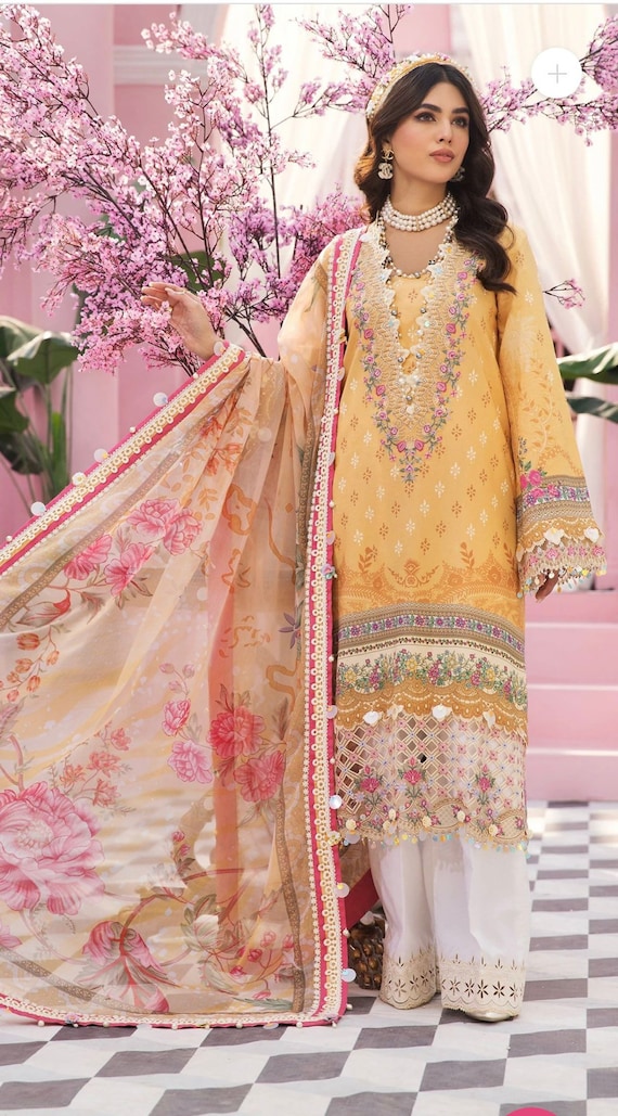 Embroidered Pakistani Suit, Printed Chiffon Dupatta, Lawn Shirt