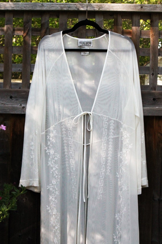 White Sheer Peignoir with Floral Embroidery | 2 XL