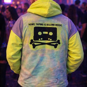 Upcycled Neon Patchwork Hoodie Jacket – One of a Kind Hunting Vest Hoodie – Tie Dye Utility Pockets – Handmade Streetwear – Cassette Punk