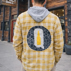 Quincy Brewing Company T-shirt  and  Flannel Hoodie Upcycled-Yellow Plaid Patchwork Shirt Jacket One of a Kind Oversized Lightweight Jacket