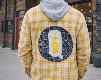 Camiseta y sudadera con capucha de franela de Quincy Brewing Company, camisa-chaqueta de patchwork a cuadros amarillos reciclados, chaqueta ligera extragrande única.