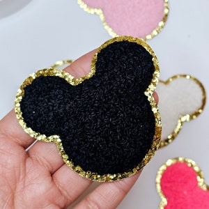 Mickey Ears Black Chenille Iron-on Patch: Gold Glitter Outline (3")