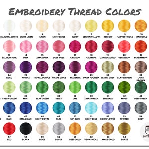 May include: A color chart titled EMBROIDERY THREAD COLORS featuring 64 numbered circular thread samples in various shades including white, pink, red, purple, green, blue, grey, black, and gold, with a Coffee Juice Studio logo at the bottom right.