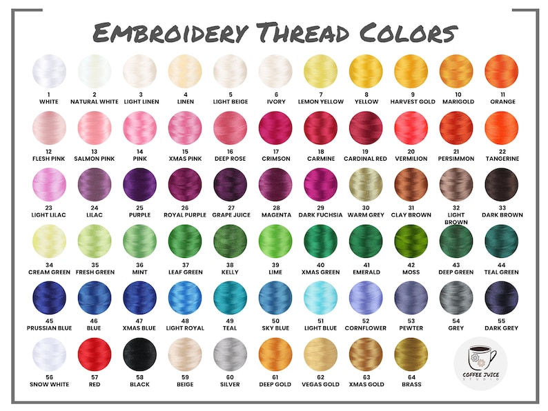 May include: A color chart titled EMBROIDERY THREAD COLORS featuring 64 numbered circular thread samples in various shades including white, pink, red, purple, green, blue, grey, black, and gold, with a Coffee Juice Studio logo at the bottom right.