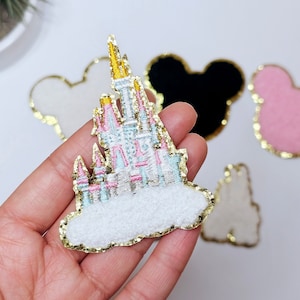 Embroidered Disney Princess Castle Chenille Iron on Patch | 3" Aurora Castle Gold Glitter outline Backpacks Jackets Kids Clothes DIY Crafts