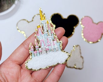 Embroidered Disney Princess Castle Chenille Iron on Patch | 3" Aurora Castle Gold Glitter outline Backpacks Jackets Kids Clothes DIY Crafts