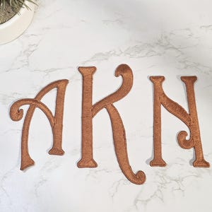 May include: Embroidered brown letters spelling "AKN" on a white marble surface. The letters have a decorative, cursive style with a stitched texture. The letters are likely patches or appliques for crafts or personalization projects.