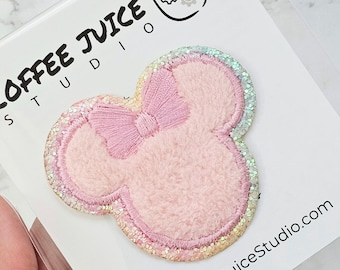 Minnie Ears iron on Bow Faux Chenille Patch | 2.5" Pastel Pink Minnie Bow head Embroidery Rainbow Glitter outline | Backpacks Jackets DIY