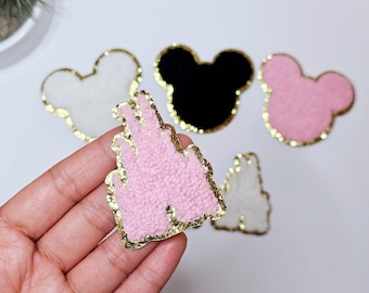 Disney Schloss Chenille Aufnäher | 2,25 "Prinzessin Schloss Stickerei Gold Glitter Umriss Rucksäcke Jacken Kinderkleidung DIY Handwerk