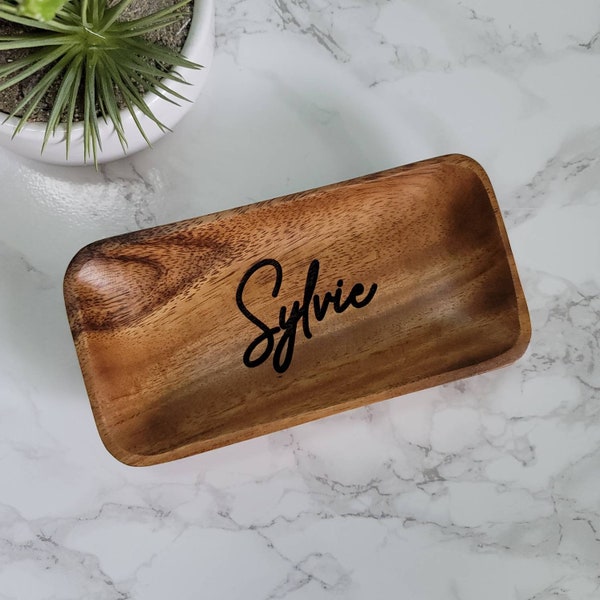 Acacia Wood Engraved Jewelry Dish | Personalized Your name engraved | Custom wood dish valet | Rustic Personalized gift | Trinket wood dish