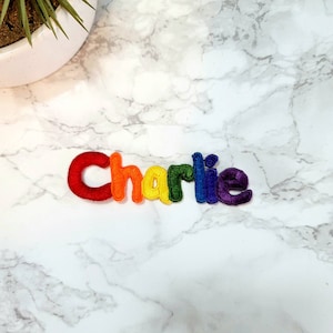 May include: Rainbow embroidered iron-on patch with the name "Charlie" in colorful letters.