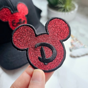 Écusson thermocollant oreilles de Mickey | Écusson scintillant rouge 3" | Écusson Disney pour veste de vacances Tête de Minnie Mickey, bricolage, fer sur les écussons personnalisés