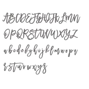 May include: A digital graphic displaying the full English alphabet in both uppercase and lowercase letters. The characters are rendered in a dark gray, flowing, cursive script font, arranged in four distinct horizontal rows.