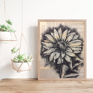 Botanical Sunflower Print, Black and White Sunflower Print, Sunflower Art, Mixed Media, Art Print, Boho Decor,