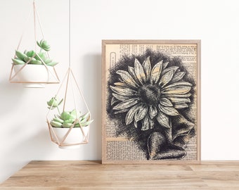 Botanical Sunflower Print, Black and White Sunflower Print, Sunflower Art, Mixed Media, Art Print, Boho Decor,