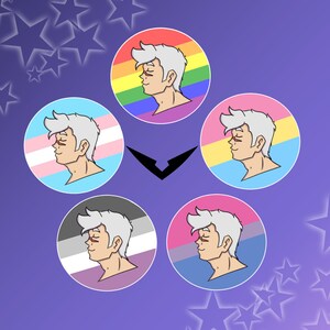 May include: Five round buttons with different pride flags and a cartoon character with white hair and a closed eye. The flags are rainbow, transgender, bisexual, pansexual, and asexual.