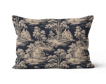 Housse de coussin « Toile de Jouy » noir bleuté - nature champêtre Coussin lombaire rectangulaire par ReddAndGoud