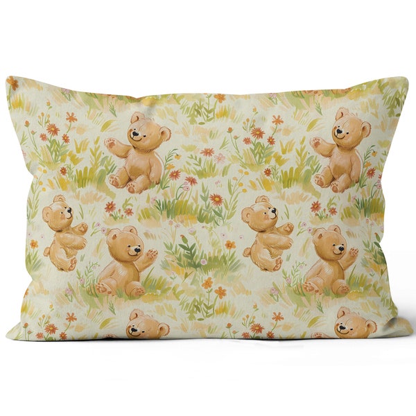 Cushion Cover by  'Golden Cubs Playtime' design - woodland animal Teddy Bear Rectangle Lumbar Throw Pillow Made-to-order by ReddAndGoud