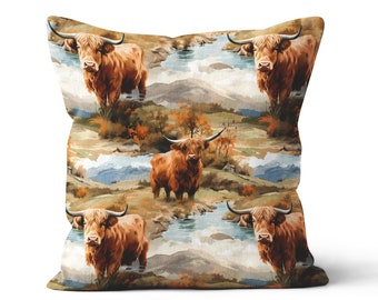Cushion Cover with envelope opening or zipper 'Highland Cow' design Watercolour Farm Cows Cow  by ReddAndGoud British product