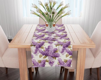 Tafelloper, aquarel bloemen 'Lila boeket' ontwerp - op bestelling gemaakt -, bloemen natuurlijke kersen tafel decor, geschenken, 100% katoen, gemaakt in Groot-Brittannië