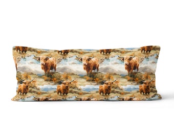Oreiller lombaire XL aquarelle motif vache Highland - Très grand oreiller lombaire rectangle ReddAndGoud Fabriqué sur commande Taille : 14 x 36 po/35 x 91 cm