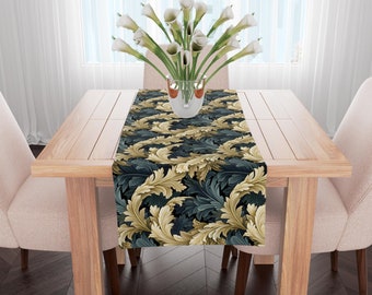 Runner da tavolo, design 'Acanthus Leaves Midnight' -Made to order-, Leaves Natural Table Decor, Regali, 100% cotone, Prodotto nel Regno Unito