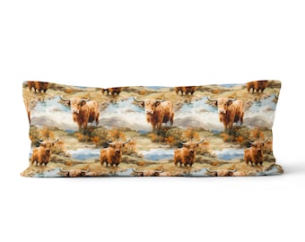 Grand oreiller lombaire aquarelle motif vache Highland - Grand oreiller lombaire rectangle par ReddAndGoud Fabriqué sur commande, taille : 30 x 91 cm 12 x 36 po