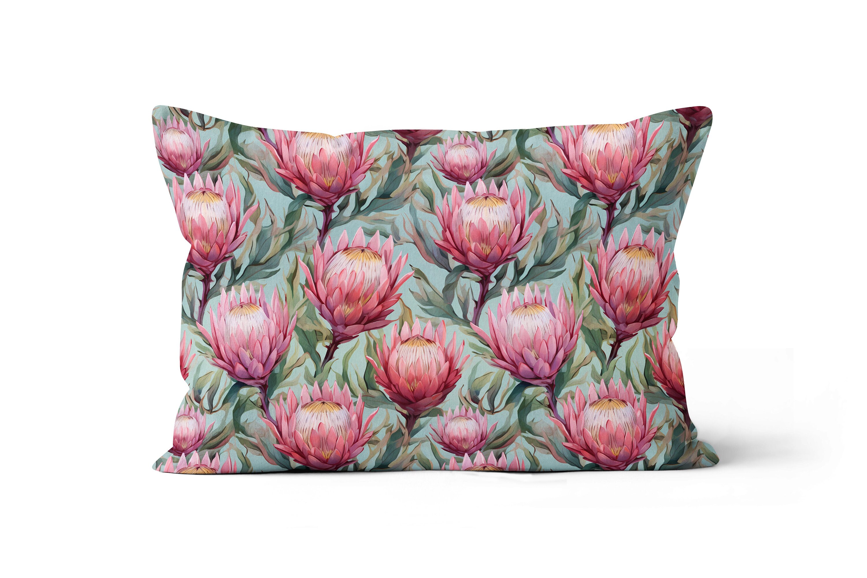 Handcrafted Luxury Lumbar Cushion Cover Made to order Unique pink Protea Bliss Design Size 20x12 50x30cm Made in UK Etsy UK