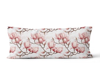 Aquarell 'Magnolia Blush Bloom' Design Lendenkissen - Großes rechteckiges Lendenkissen von ReddAndGoud, -Made to order -, Größe: 12 "x36"/ 30x91cm