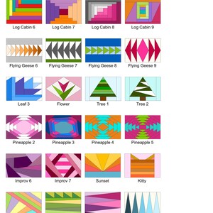 May include: A chart of 20 different quilt block patterns. The patterns are named and include Log Cabin, Flying Geese, Leaf, Flower, Tree, Pineapple, Improv, Sunset, Kitty, Stripes, Points. The blocks are made with a variety of colors including pink, red, orange, yellow, green, blue, purple, and brown.