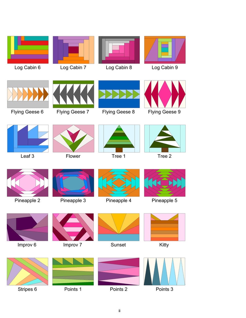 May include: A chart of 20 different quilt block patterns. The patterns are named and include Log Cabin, Flying Geese, Leaf, Flower, Tree, Pineapple, Improv, Sunset, Kitty, Stripes, Points. The blocks are made with a variety of colors including pink, red, orange, yellow, green, blue, purple, and brown.
