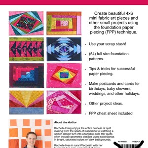 May include: A book cover with a colorful collage of fabric squares. The title is "Make mini works of fabric art!" The book cover also includes a photo of the author, Rachelle Craig, and a barcode.