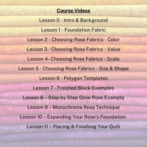 May include: A colourful image with the text "Course Videos" at the top. The image lists 11 video lessons for a quilting course, each with a title describing the content of the lesson. The lessons include topics such as choosing fabrics, creating templates, and piecing and finishing a quilt.