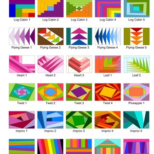 May include: A chart showing 25 different quilt block patterns. The blocks are named "Log Cabin", "Flying Geese", "Heart", "Leaf", "Twist", "Pineapple", "Improv", and "Stripes". Each block is made up of different colored squares and triangles.