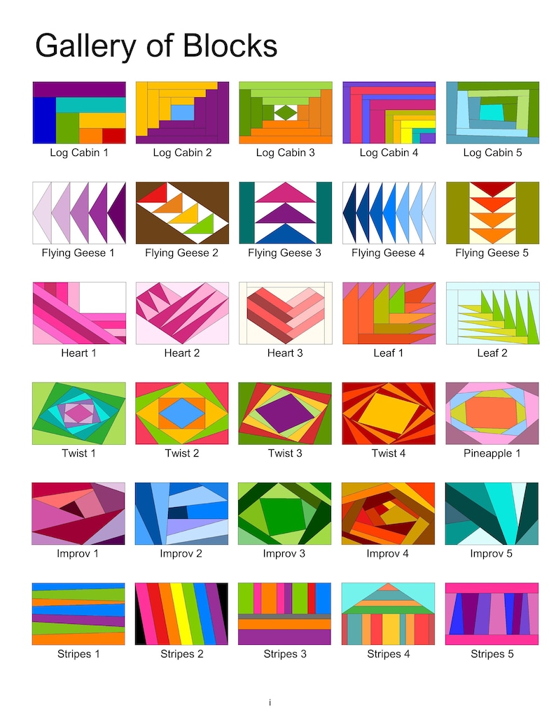 May include: A chart showing 25 different quilt block patterns. The blocks are named "Log Cabin", "Flying Geese", "Heart", "Leaf", "Twist", "Pineapple", "Improv", and "Stripes". Each block is made up of different colored squares and triangles.