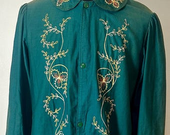 1910s - 1970s Vintage Embroidered Edwardian-style Emerald Green Lightweight Coat
