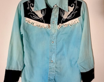 1960s 1970s Vintage Kids Western Shirt Teal with Fringe Size 5T, 6T