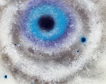May include: Abstract painting with a blue and purple eye-like shape in the center, surrounded by a swirling gray and white background with small blue dots.