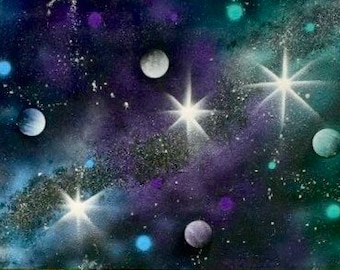 May include: A vibrant painting of a galaxy with planets, stars, and nebulas. The artwork features a dark blue and purple background with bright white stars and planets in shades of gray and teal. The Milky Way is depicted with a textured, speckled effect.