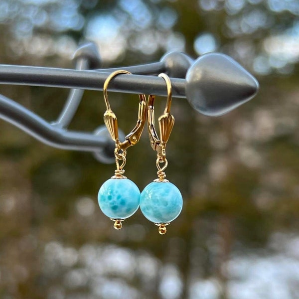 RARE AAA Larimar Earrings, Genuine Dominican Larimar, 14K Gold Filled, 925 Sterling Silver, Calming Stone, Ice Blue Pectolite, Women Gift