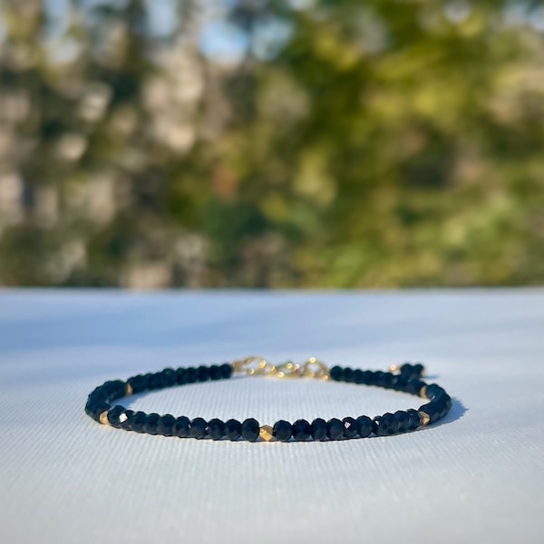 Black Spinel bracelet, Gemstone bracelet, Sparkling Bracelet, Dainty Bracelet, Gold on silver Karen Hill Tribe, Gift for her, Women gift