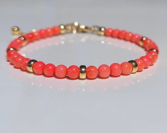 Salmon Coral Bracelet, 14K Gold Filled, Dainty Beaded Bracelet