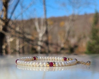 Freshwater pearl bracelet, Ruby bracelet, 14K Gold filled, Delicate bracelet, July birthstone, Dainty bracelet, Women Gift, Gift for her