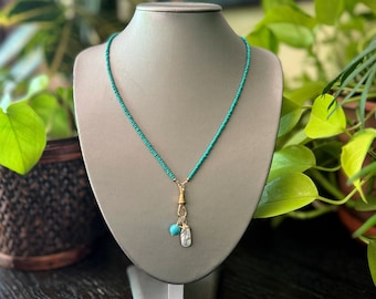 Turquoise Necklace, Turquoise Seed Beads, Vintage Seed Glass, Swivel Clip Necklace, Necklace Pendant, Victorian Clasp, Add On Charm Necklace