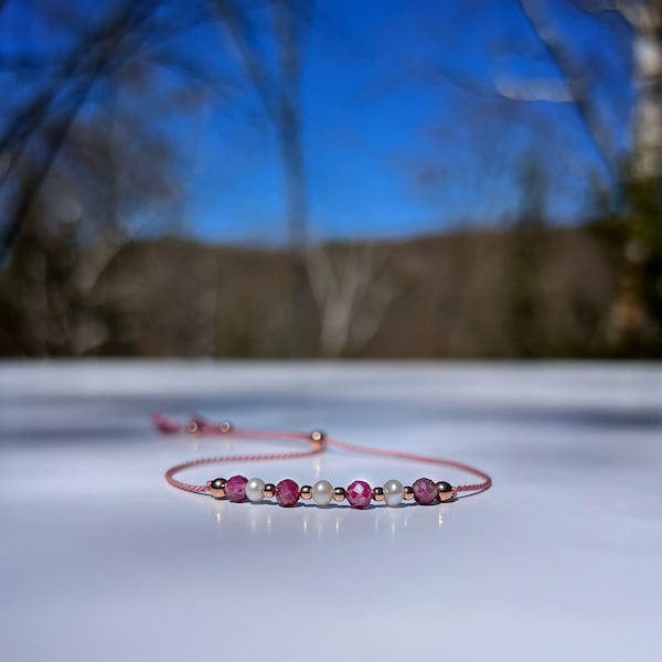 Silk Bracelet, Minimalist Cord Bracelet, Pink Tourmaline Bracelet, Skinny Bracelet, Freshwater Pearl Bracelet, Delicate Bracelet, Women Gift