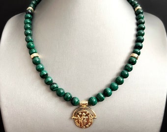 Malachite Necklace, Grade AAA Natural Malachite, 14K Gold Filled, Elegant Necklace, Taurus Birthstone, May Birthstone, Women Gift