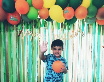 Dinosaur Birthday Backdrop: Green & Brown Fringe Party Decor
